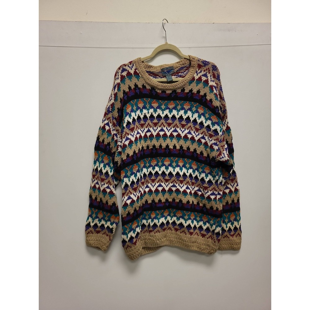 Ethings Vintage Sweater Large‎ Colorful Knit Pattern Ramie Cotton Blend Pullover